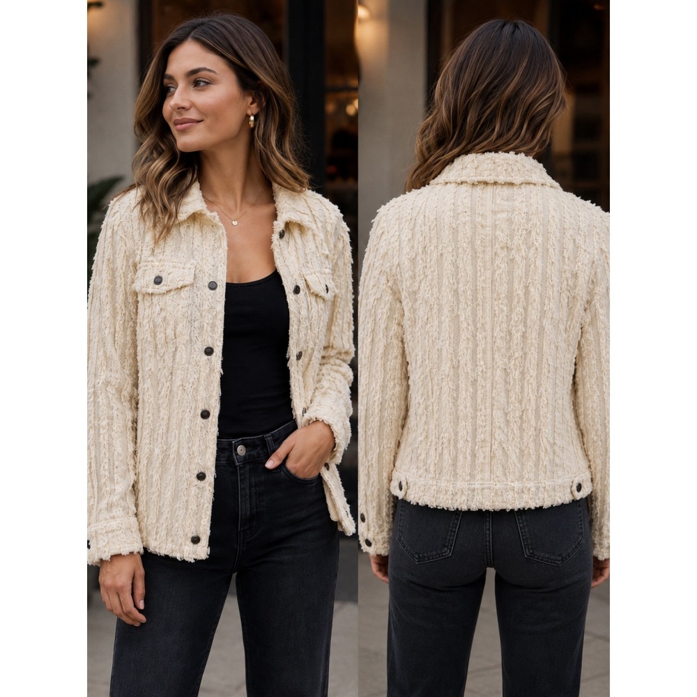 Pilcro Fluffy Corduroy Trucker Jacket Womens Large Cream Frayed Fringe NWOT